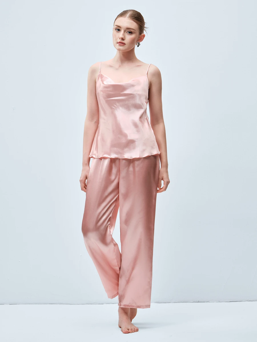 Softvol 2pcs Women Solid Color Sleepwear Set, Lightweight Silk-Like Comfortable Cool Satin Sexy Draped Neck Camisole And Long Pants, Elegant Loungewear
