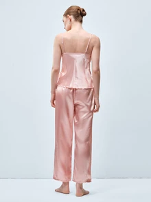 Softvol 2pcs Women Solid Color Sleepwear Set, Lightweight Silk-Like Comfortable Cool Satin Sexy Draped Neck Camisole And Long Pants, Elegant Loungewear - Pink - View 3