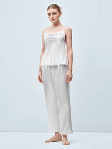 Softvol 两件套女士纯色睡衣套装，轻盈丝滑缎面舒适凉爽面料吊带背心和长裤，优雅性感家居服 - 白色 - 查看 5