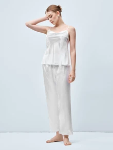 Softvol 两件套女士纯色睡衣套装，轻盈丝滑缎面舒适凉爽面料吊带背心和长裤，优雅性感家居服 - 白色 - 查看 6