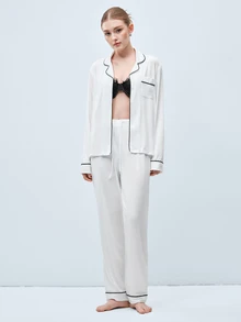 Softvol 两件套女士翻领长袖睡衣套装 - 舒适休闲睡衣和家居服 - 白色 - 查看 4