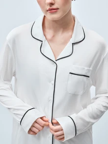 Softvol 两件套女士翻领长袖睡衣套装 - 舒适休闲睡衣和家居服 - 白色 - 查看 6