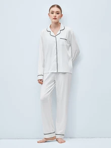 Softvol 两件套女士翻领长袖睡衣套装 - 舒适休闲睡衣和家居服 - 白色 - 查看 9