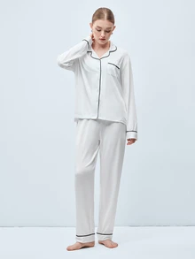 Softvol 两件套女士翻领长袖睡衣套装 - 舒适休闲睡衣和家居服 - 白色 - 查看 8