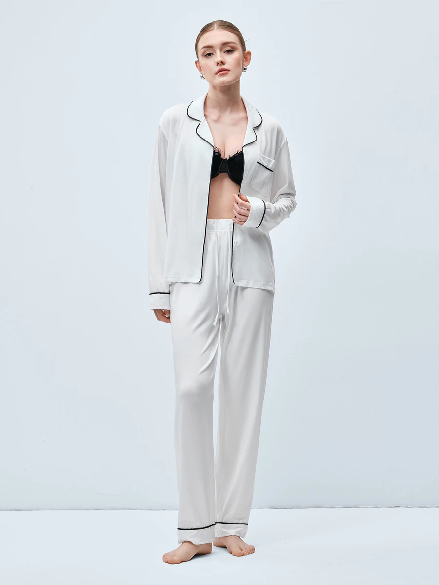 Softvol 两件套女士翻领长袖睡衣套装 - 舒适休闲睡衣和家居服