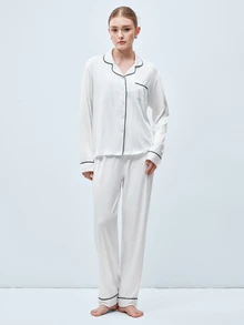 Softvol 两件套女士翻领长袖睡衣套装 - 舒适休闲睡衣和家居服 - 白色 - 查看 7