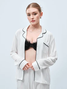 Softvol 两件套女士翻领长袖睡衣套装 - 舒适休闲睡衣和家居服 - 白色 - 查看 5