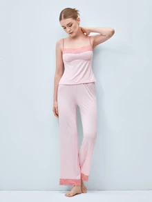 Softvol Pink Lace Patchwork Camisole And Long Pants Women's Pajama Set - Pink - View 7