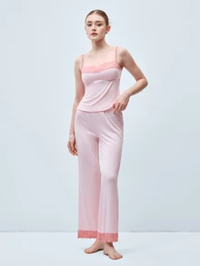 Softvol Pink Lace Patchwork Camisole And Long Pants Women's Pajama Set - Pink - View 1