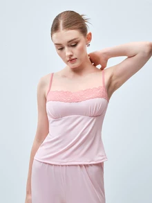 Softvol Pink Lace Patchwork Camisole And Long Pants Women's Pajama Set - Pink - View 5