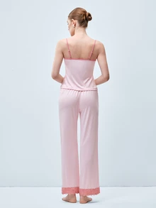 Softvol Pink Lace Patchwork Camisole And Long Pants Women's Pajama Set - Pink - View 2