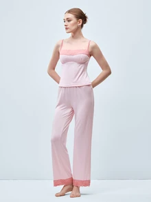 Softvol Pink Lace Patchwork Camisole And Long Pants Women's Pajama Set - Pink - View 4
