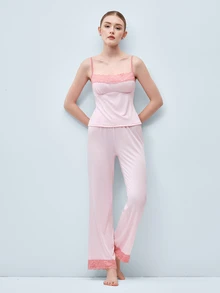 Softvol Pink Lace Patchwork Camisole And Long Pants Women's Pajama Set - Pink - View 6