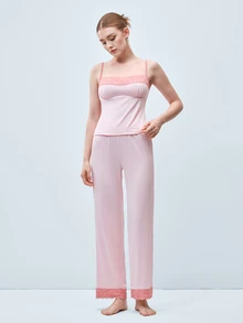 Softvol Pink Lace Patchwork Camisole And Long Pants Women's Pajama Set - Pink - View 3