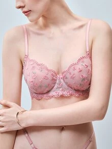 Softvol 女款性感內衣兩件套－透視甜粉色網紗刺繡胸罩與內褲套裝－情人節約會內衣 - 粉色 - 查看 6