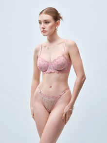 Softvol 女款性感內衣兩件套－透視甜粉色網紗刺繡胸罩與內褲套裝－情人節約會內衣 - 粉色 - 查看 5