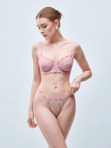 Softvol 女款性感內衣兩件套－透視甜粉色網紗刺繡胸罩與內褲套裝－情人節約會內衣 - 粉色 - 查看 4
