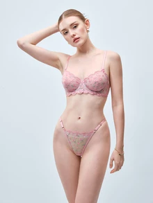 Softvol 女款性感內衣兩件套－透視甜粉色網紗刺繡胸罩與內褲套裝－情人節約會內衣 - 粉色 - 查看 3