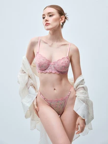 Softvol 女款性感內衣兩件套－透視甜粉色網紗刺繡胸罩與內褲套裝－情人節約會內衣 - 粉色 - 查看 1