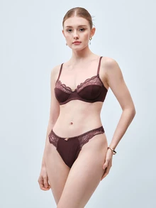 Softvol 1 Set Women Solid Color Floral Lace Lingerie Set - Redwood - View 3