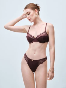 Softvol 1 Set Women Solid Color Floral Lace Lingerie Set - Redwood - View 4