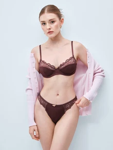 Softvol 1 Set Women Solid Color Floral Lace Lingerie Set - Redwood - View 8