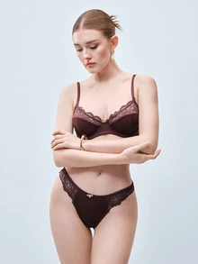 Softvol 1 Set Women Solid Color Floral Lace Lingerie Set - Redwood - View 5