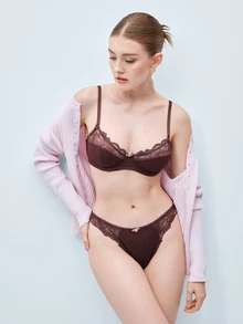 Softvol 1 Set Women Solid Color Floral Lace Lingerie Set - Redwood - View 9