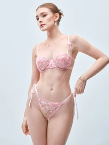 Softvol 2pcs Women Pink Floral Embroidery Mesh Sheer Lace-Up Lingerie Set - Pink - View 4