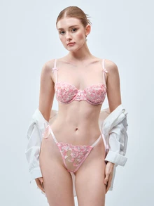Softvol 2pcs Women Pink Floral Embroidery Mesh Sheer Lace-Up Lingerie Set - Pink - View 1