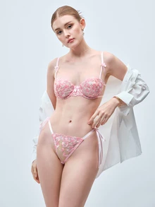 Softvol 2pcs Women Pink Floral Embroidery Mesh Sheer Lace-Up Lingerie Set - Pink - View 8