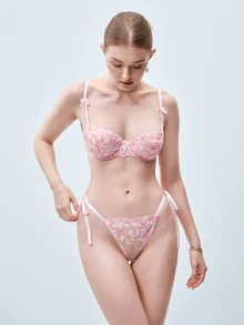 Softvol 2pcs Women Pink Floral Embroidery Mesh Sheer Lace-Up Lingerie Set - Pink - View 3