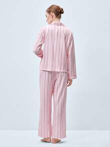 Softvol 两件套女士宽松舒适透气条纹长袖上衣和裤子家居服套装，舒适保暖，秋冬服装 - 粉色 - 查看 3