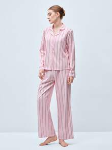 Softvol 两件套女士宽松舒适透气条纹长袖上衣和裤子家居服套装，舒适保暖，秋冬服装 - 粉色 - 查看 7