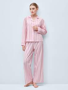 Softvol 两件套女士宽松舒适透气条纹长袖上衣和裤子家居服套装，舒适保暖，秋冬服装 - 粉色 - 查看 2