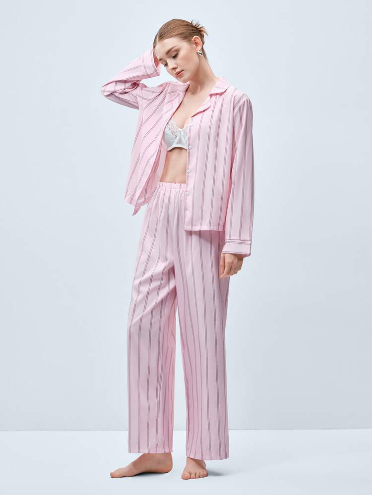 Softvol 两件套女士宽松舒适透气条纹长袖上衣和裤子家居服套装，舒适保暖，秋冬服装 - 粉色 - 查看 4