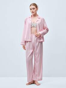 Softvol 两件套女士宽松舒适透气条纹长袖上衣和裤子家居服套装，舒适保暖，秋冬服装 - 粉色 - 查看 4