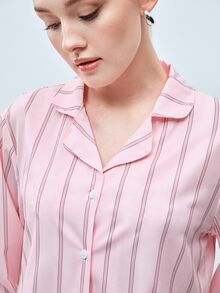 Softvol 两件套女士宽松舒适透气条纹长袖上衣和裤子家居服套装，舒适保暖，秋冬服装 - 粉色 - 查看 9