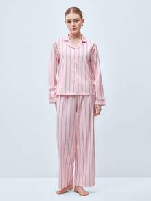 Softvol 两件套女士宽松舒适透气条纹长袖上衣和裤子家居服套装，舒适保暖，秋冬服装 - 粉色 - 查看 6