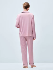 Softvol 两件套女士翻领长袖睡衣套装，舒适休闲睡衣家居服 - 西瓜粉 - 查看 3