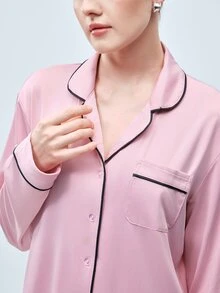 Softvol 两件套女士翻领长袖睡衣套装，舒适休闲睡衣家居服 - 西瓜粉 - 查看 7