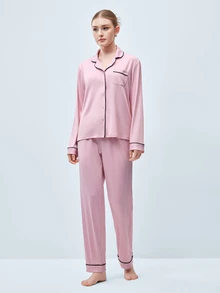 Softvol 两件套女士翻领长袖睡衣套装，舒适休闲睡衣家居服 - 西瓜粉 - 查看 9