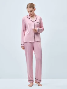 Softvol 两件套女士翻领长袖睡衣套装，舒适休闲睡衣家居服 - 西瓜粉 - 查看 8