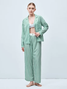 Softvol 2pcs Women Lapel Button Long Sleeve Top + Elastic Waist Pants Pajama Set - Green - View 2