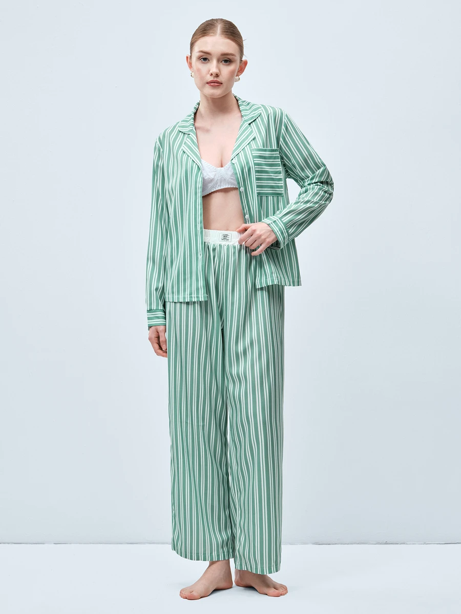 Softvol 2pcs Women Lapel Button Long Sleeve Top + Elastic Waist Pants Pajama Set