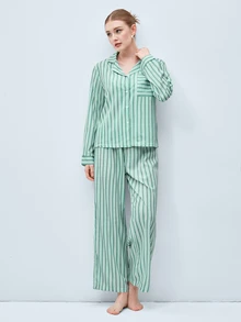 Softvol 2pcs Women Lapel Button Long Sleeve Top + Elastic Waist Pants Pajama Set - Green - View 9