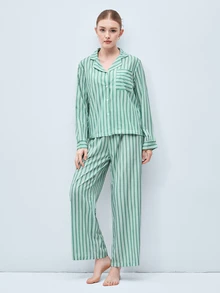 Softvol 2pcs Women Lapel Button Long Sleeve Top + Elastic Waist Pants Pajama Set - Green - View 8