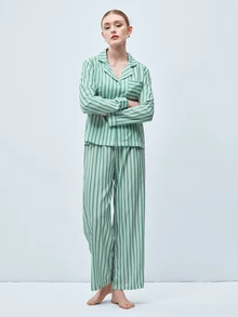 Softvol 2pcs Women Lapel Button Long Sleeve Top + Elastic Waist Pants Pajama Set - Green - View 6