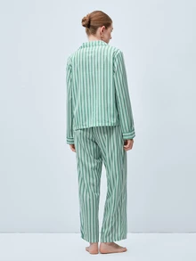 Softvol 2pcs Women Lapel Button Long Sleeve Top + Elastic Waist Pants Pajama Set - Green - View 3