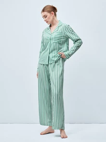 Softvol 2pcs Women Lapel Button Long Sleeve Top + Elastic Waist Pants Pajama Set - Green - View 5
